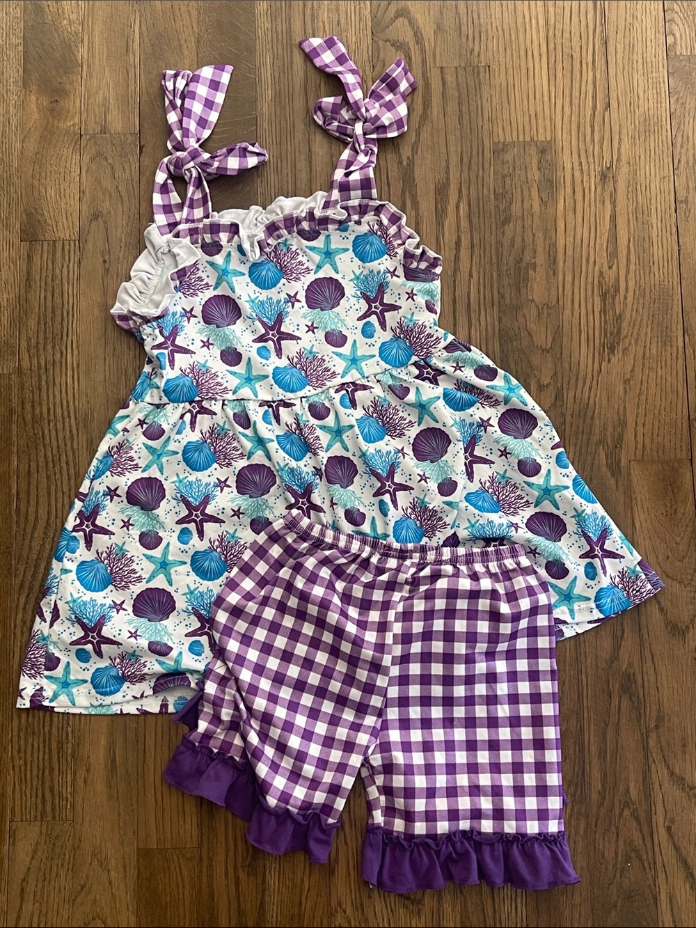 Girls Purple Gingham & Seashell outfit 6-7T
